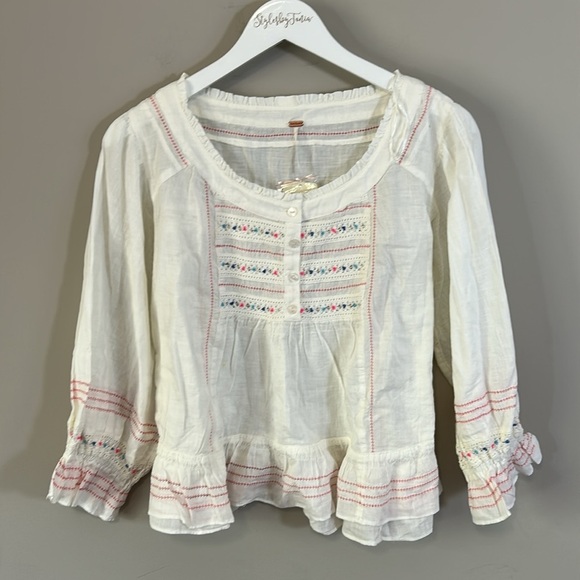 Free People Ready For You Blouse White Billowy relaxed fit embroidered Sz S NEW - Picture 5 of 13